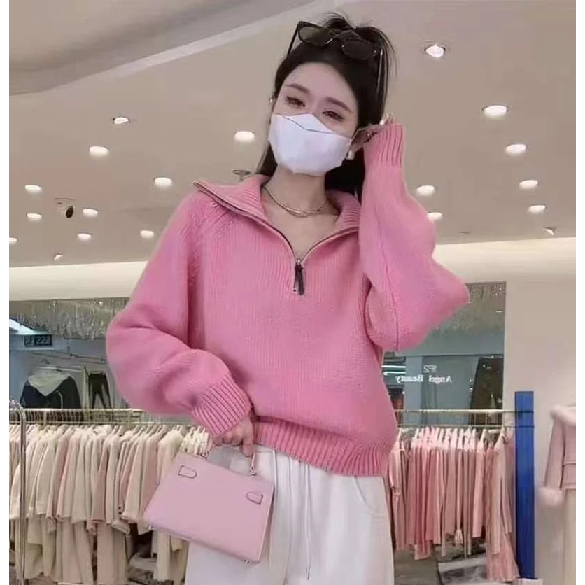 长袖毛衣新款女轻熟盐系减龄高级感洋气拉链半开领针织衫上衣