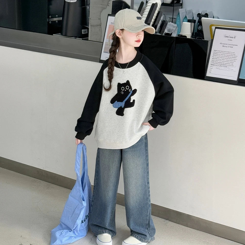 女童秋装休闲套装2025新款韩版洋气童装女孩春秋卫衣牛仔裤两件套