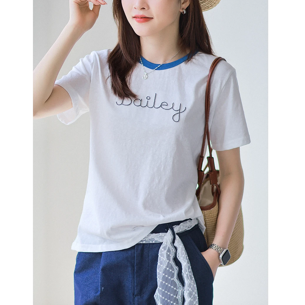 【雪花棉T恤】字母刺绣 撞色包边圆领短袖透气上衣夏季薄款吸汗透气