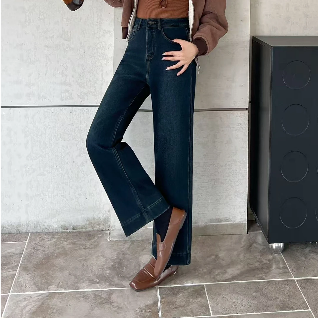 时尚复古港风直筒裤秋冬加绒高腰女牛仔裤阔腿裤