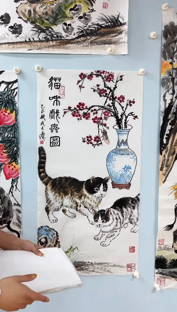 国画武天庆老师猫咪戏虫图