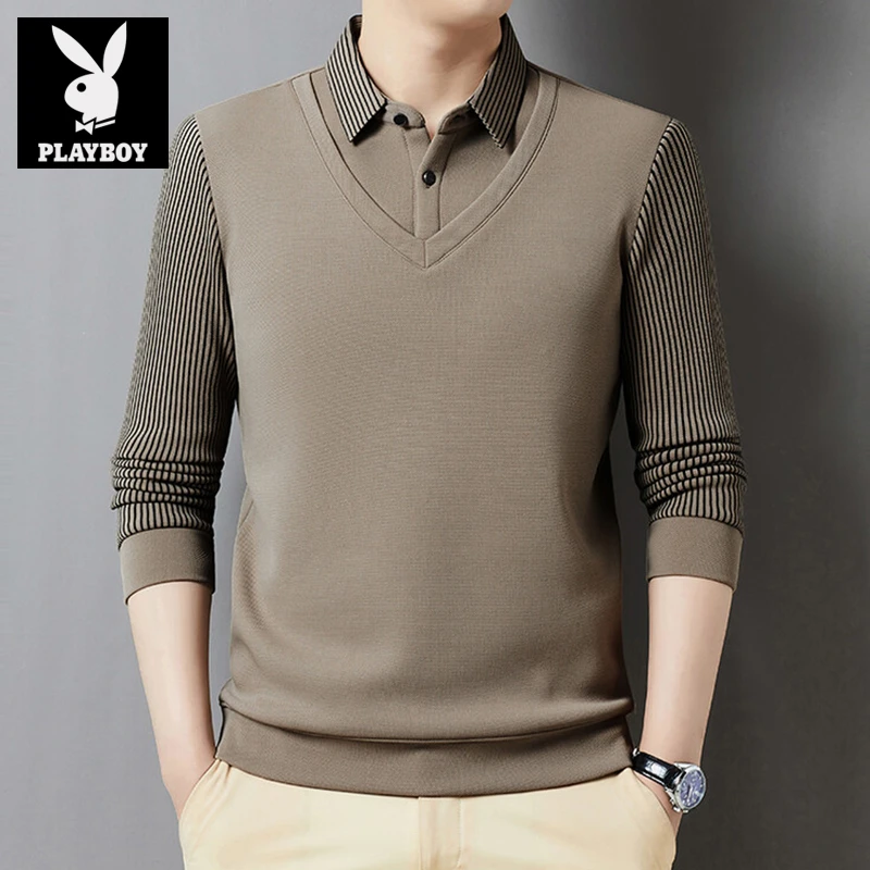 花花公子假两件POLO衫男士爸爸装长袖衬衫T恤衫秋冬季上衣打底衫