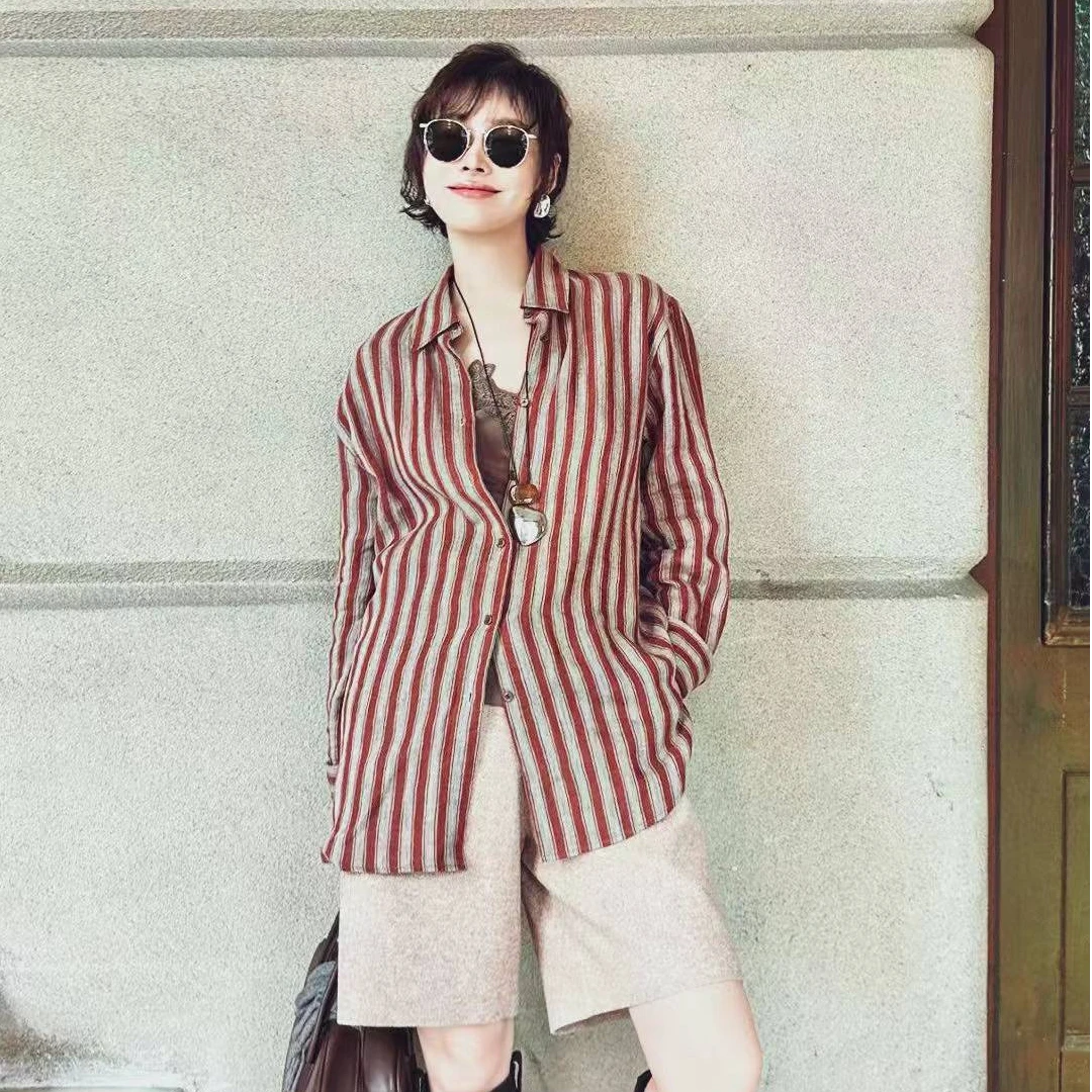100%亚麻秋冬长款条纹长袖POLO领衬衫百搭气质衬衣宽松出游服装女