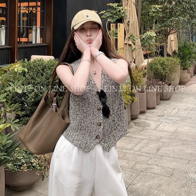 T1703 小众杂灰色 设计感无袖针织开衫背心女外穿T恤夏季2025新款