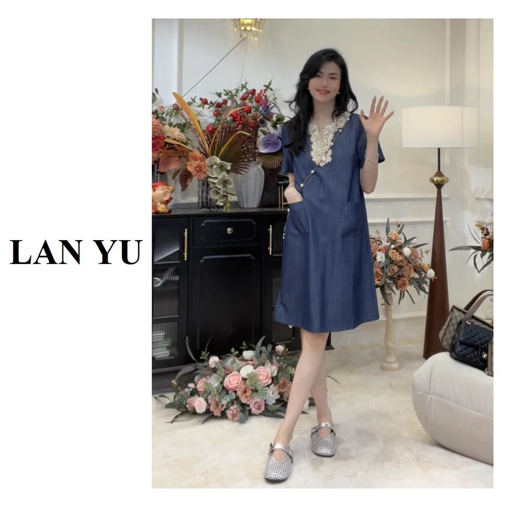 【时间光影】夏季薄款软牛仔~新款时尚气质百搭重工撞色花边连衣裙