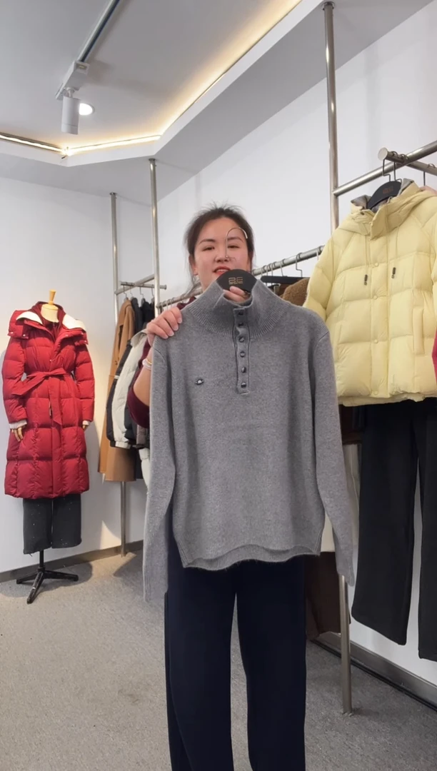 静*～格子扣灰色毛衫