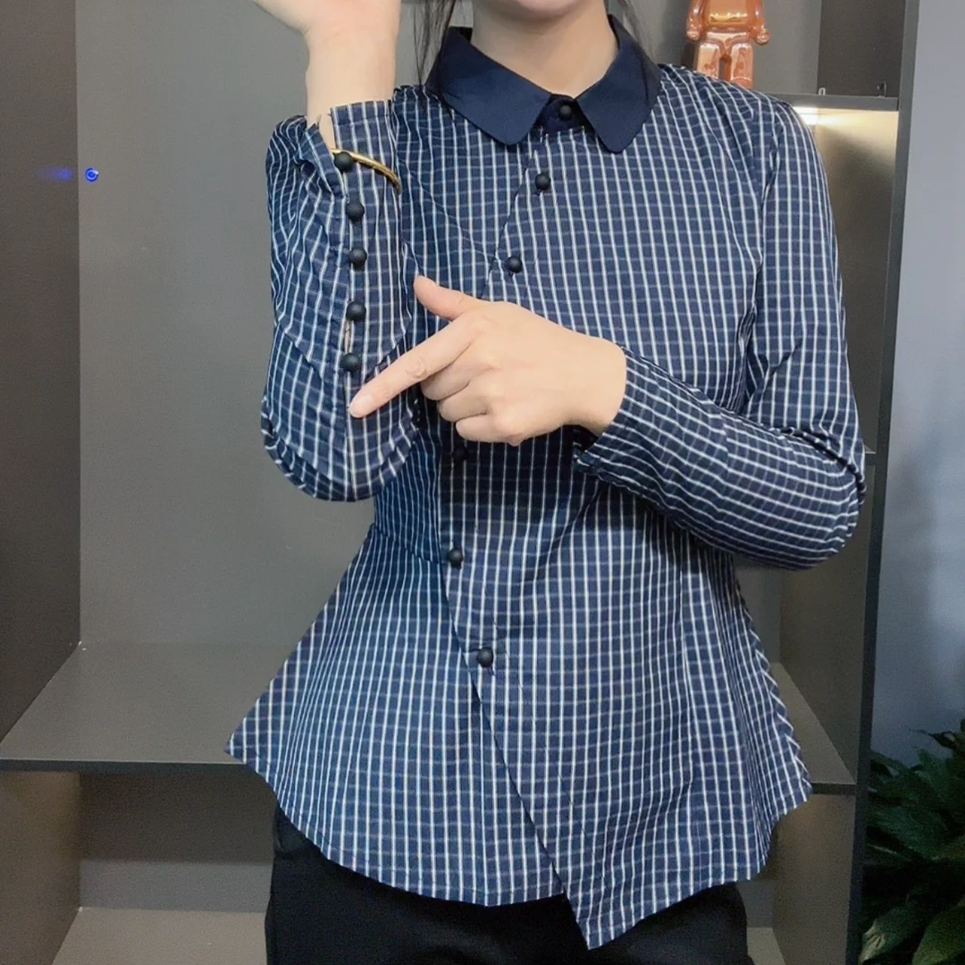 条纹翻领斜襟复古修身显瘦秋季时尚女装长袖衬衫Z7293