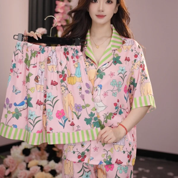 达芬奇密码夏季冰丝薄款睡衣女可外穿三件套家居服礼盒套装森林兔