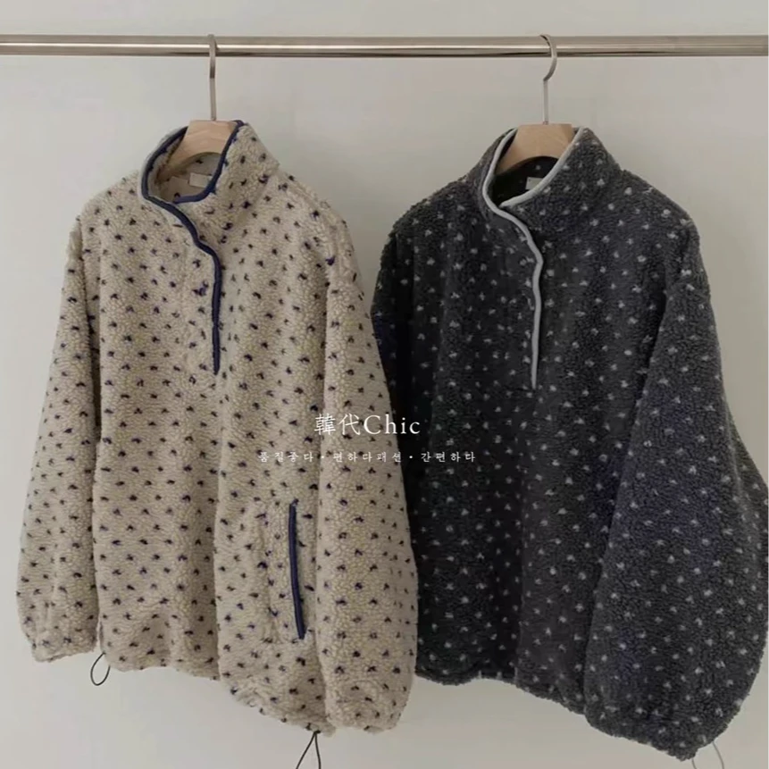 2025新款韩系秋冬撞色宽松爱心摇粒绒加绒套头上衣保暖外套-2996