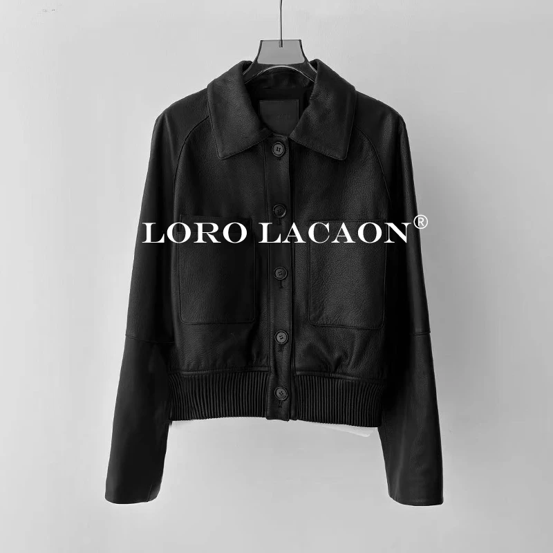 以赛亚 甜柠檬 秋冬短款方领单排扣休闲百搭绵羊皮真皮皮衣女2356