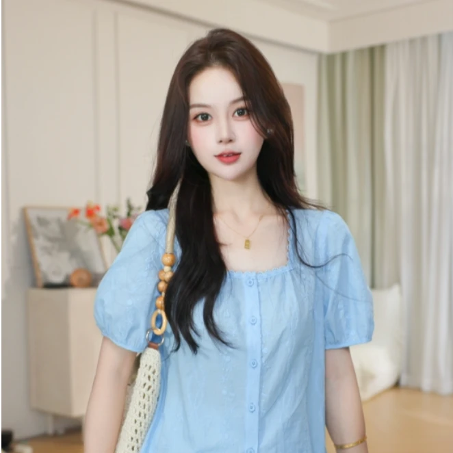 【恋夏穿搭】茵曼夏季法式纯色刺绣衬衫翻领纯棉舒适短袖衬衣
