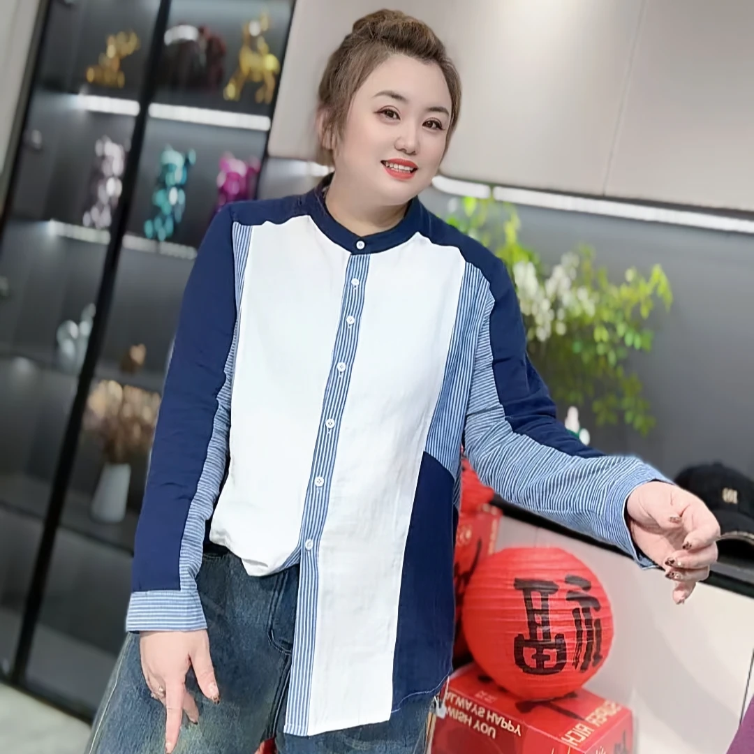 5683（丹姐家）不可机洗---设计感小众长袖衬衫蓝色条纹棉麻上衣