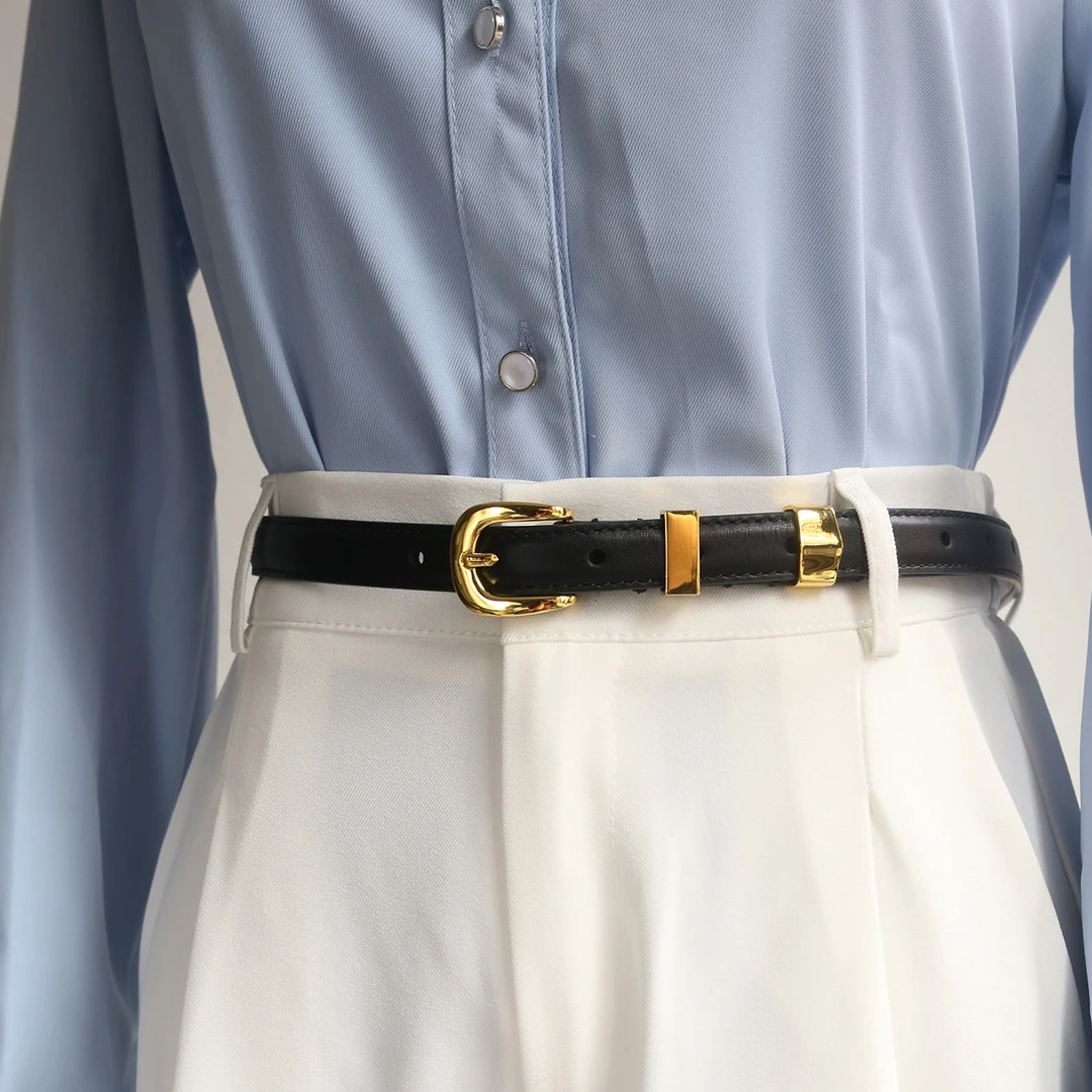 高级感金扣细腰带皮带黑色真皮牛皮时髦复古牛皮基础裤腰带配西裤