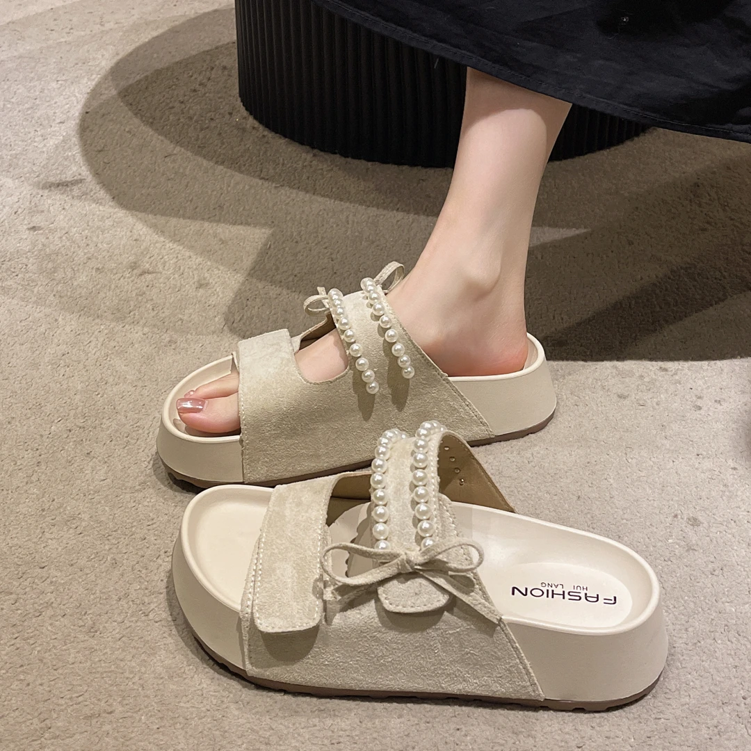 厚底外穿配裙子珍珠勃肯拖鞋女2025夏季新款增高仙女风百搭一字拖