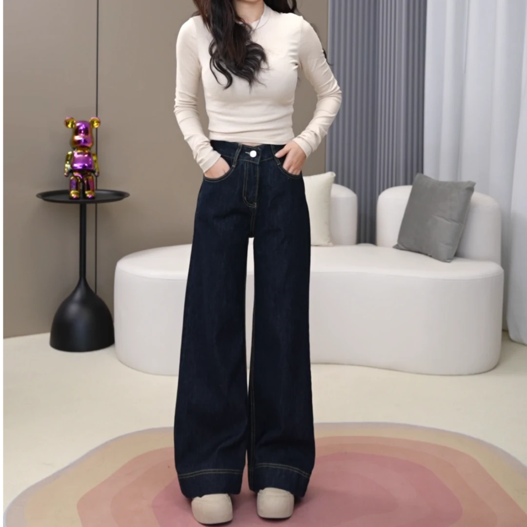 【小美专属】小个子丹宁蓝美式复古微喇阔腿牛仔裤女高腰直筒拖地裤