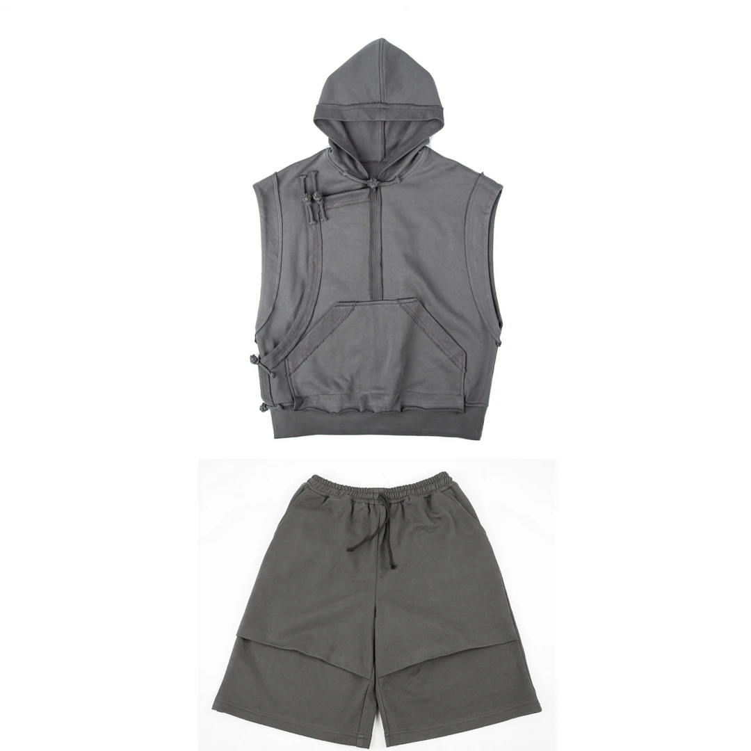 『鹿鸣』男女同款连帽设计师拉链带帽针织夏季薄款背心拼接马夹