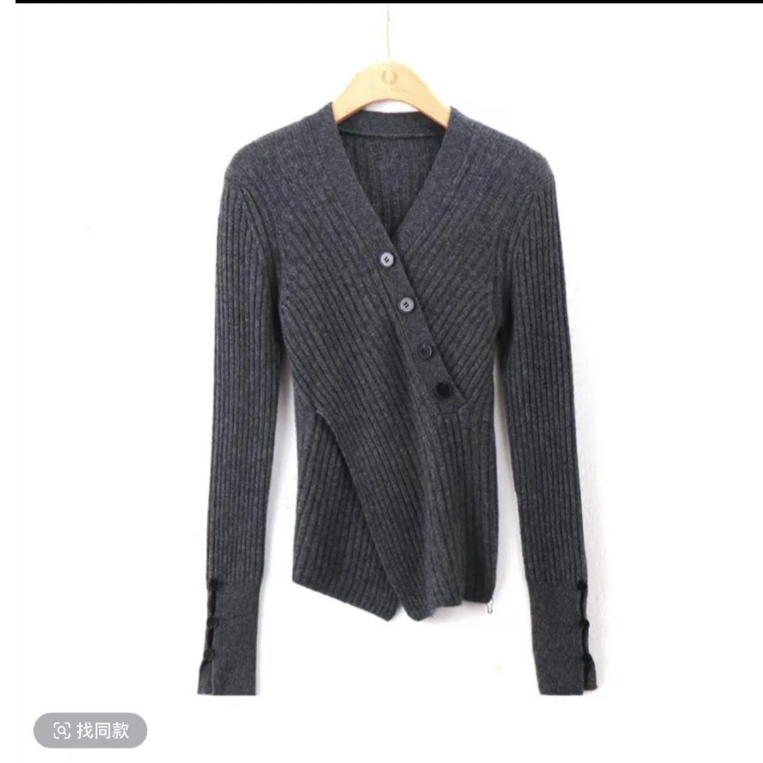 J3气质百搭时尚长袖秋冬斜边扣交叉领针织衫