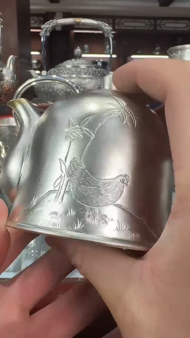 壮**云足银手工精工錾刻大公鸡高抛光泡茶壶