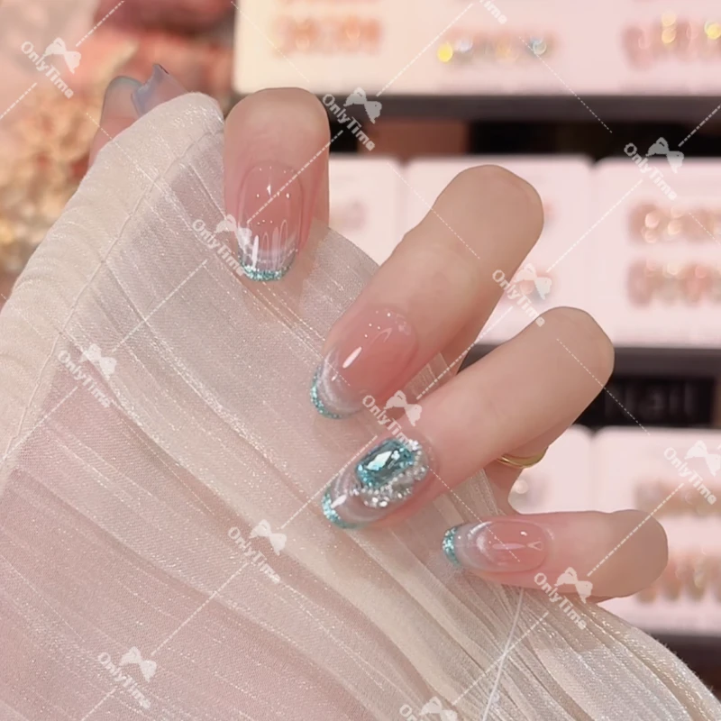 【海蓝宝】指尖猫眼法式日常穿戴甲镶钻显白甲片日常百搭ins风甲片