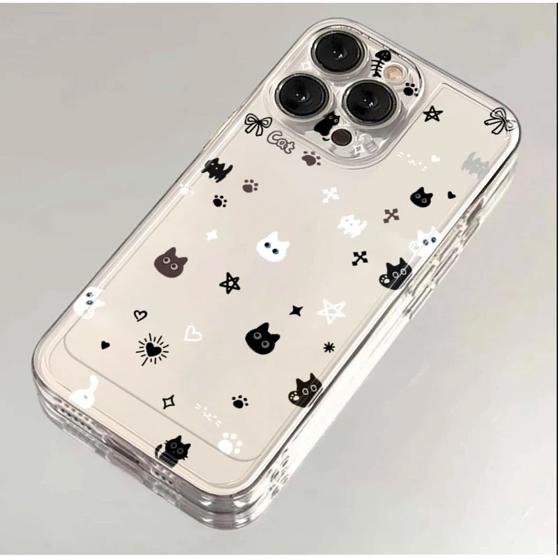 黑色小猫元素适用iphone16/15promax手机壳苹果13/12透明14卡通11