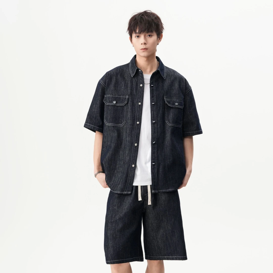 夏季牛仔短袖衬衫套装男痞帅高级感宽松七分裤两件套2025年流行款