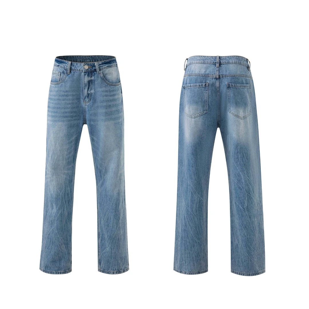 「Pansk」闪电波纹冰蓝牛仔 必入重工水洗纹竹节直筒微喇牛仔裤