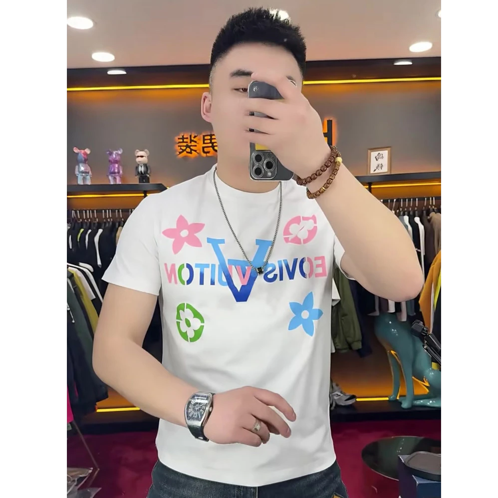 2025夏季网红欧货轻奢时尚爆款彩色涂鸦印花短袖潮牌潮流半袖男士