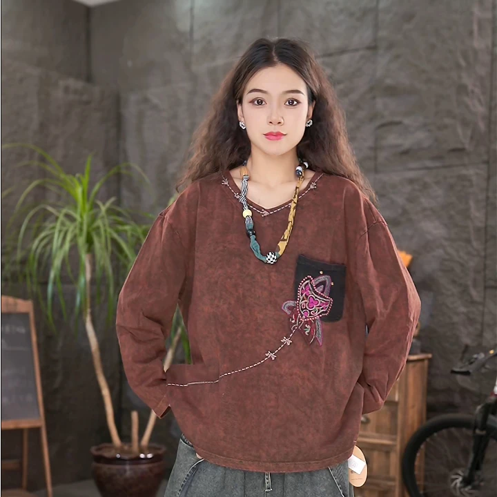 【领口刺绣】长袖打底衫透气复古宽松上衣女装百搭大码圆领t恤-LL