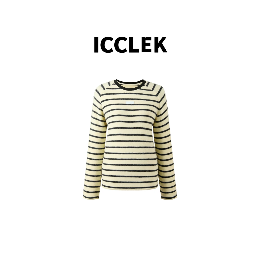 ICCLEK 秋冬新款白色条纹圆领长袖针织衫轻奢百搭显瘦上衣 - 9300