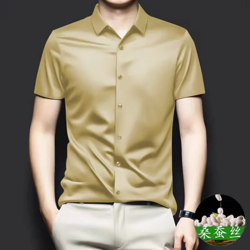 法尔利格桑蚕丝高端衬衫男短袖夏季轻奢真丝商务休闲衬衣免烫抗皱