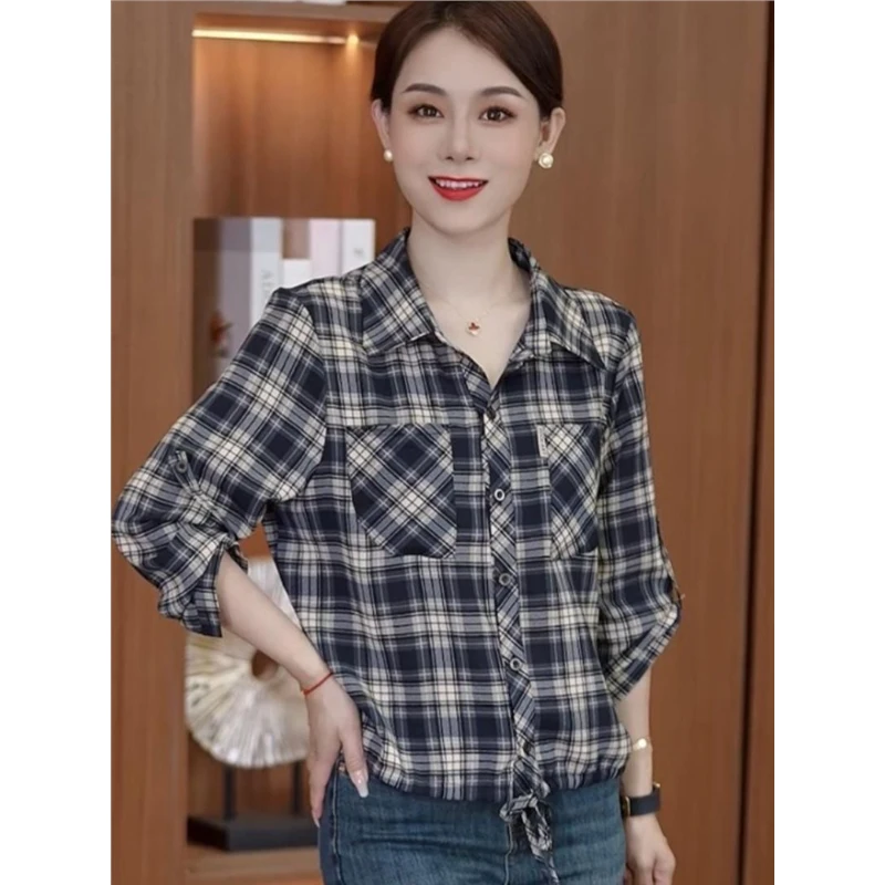 时尚休闲长袖女2025春季新款小个子洋气减龄遮肉显瘦格纹小衫上衣