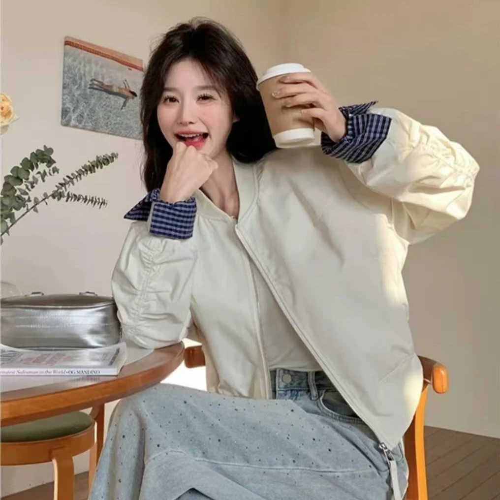 上衣小个子女外套立领春秋春季夹克宽松拼接挽袖格子韩版短款夹克