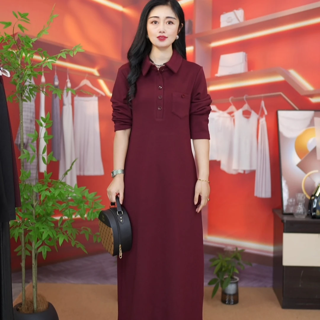 常规纯色秋冬吸汗优雅长辈气质时尚连衣裙翻领裙子中长款女装