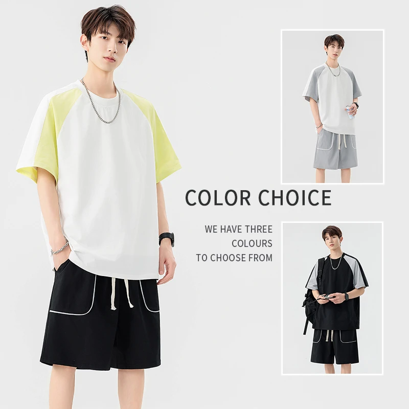 2025夏季新款面料青少年时尚潮流短袖t恤短裤休闲运动套装男