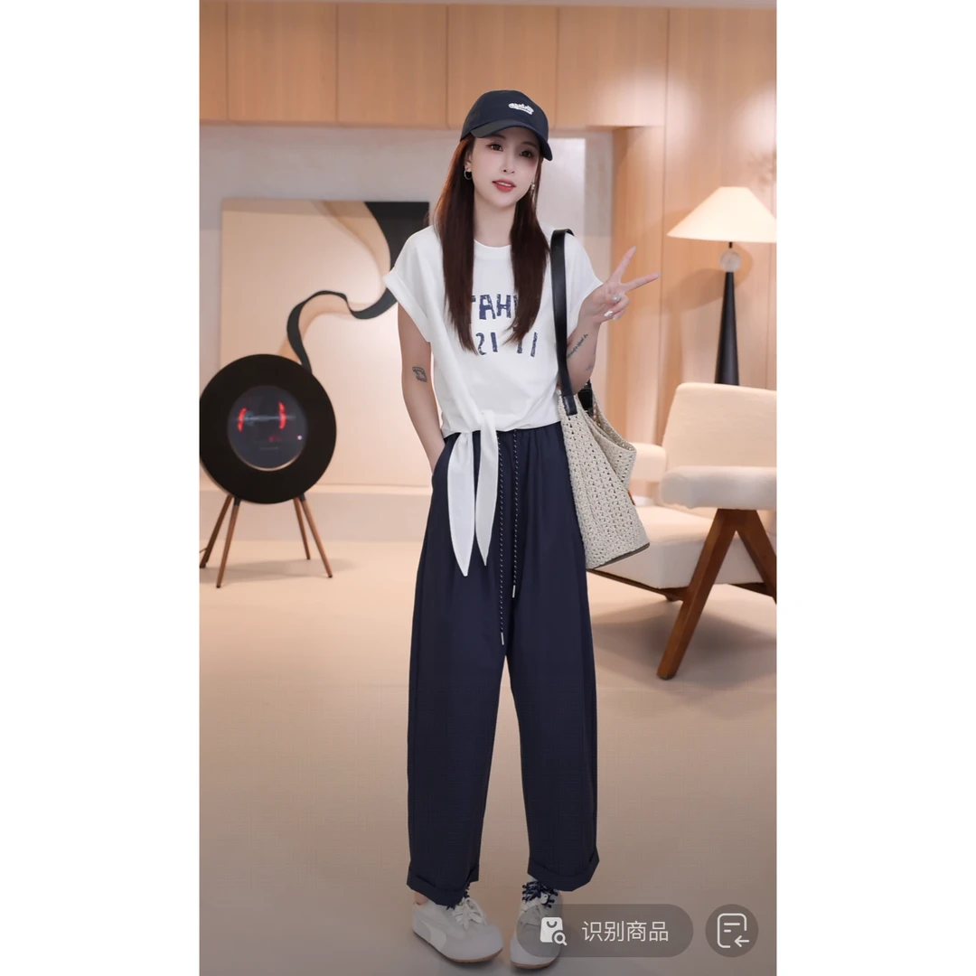 C04334夏天小清新休闲设计感减龄绑带字母卷边短袖T恤