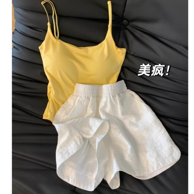 【简约纯色】带胸垫吊带睡衣女夏辣妹可外穿背心短裤家居服套装大码