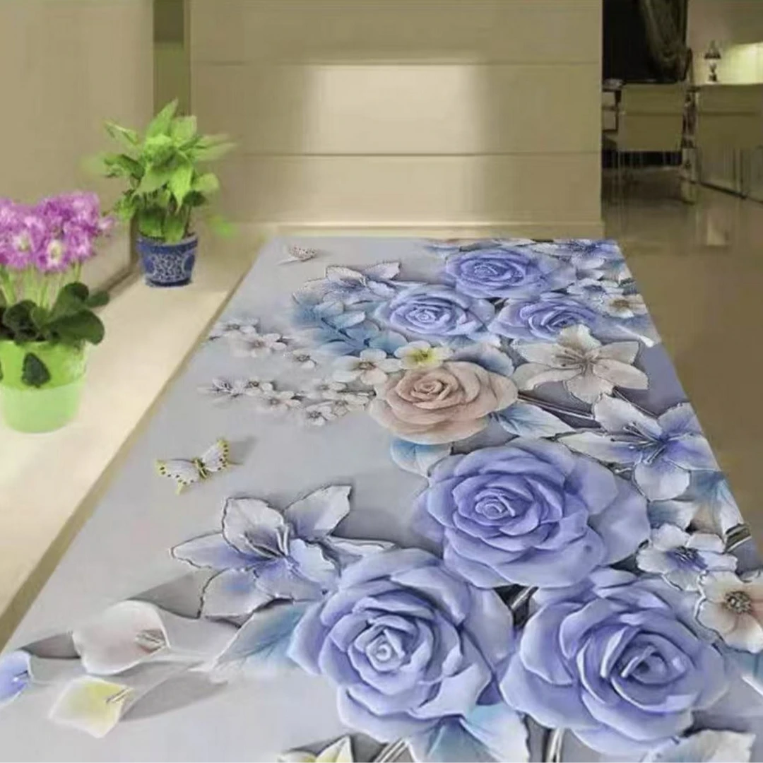 蓝色玫瑰花硅藻泥地毯入户门厨房吸水吸油地毯