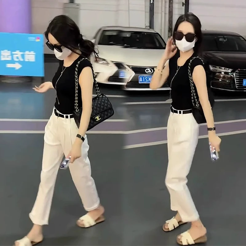 2025夏季新款韩版时尚小个子气质短袖T恤高腰修身显瘦直筒休闲裤