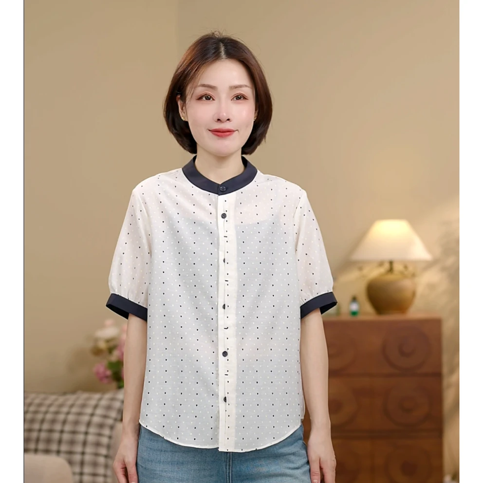 夏季新款圆领撞色拼接宽松波点百搭韩版衬衫