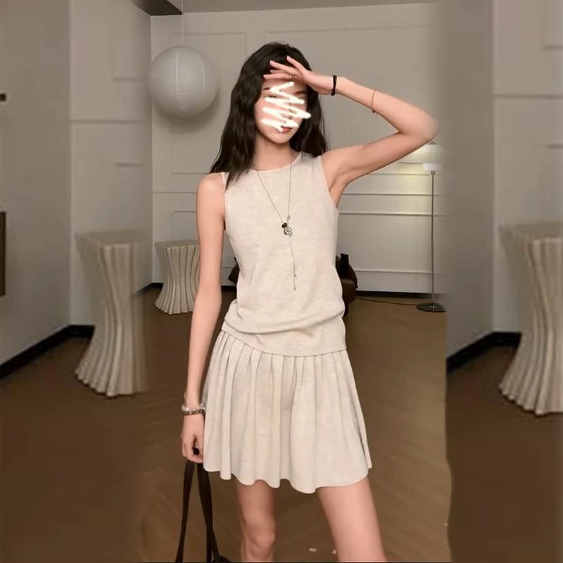 2025夏季新款女韩系修身圆领无袖上衣高腰显瘦百褶半身裙