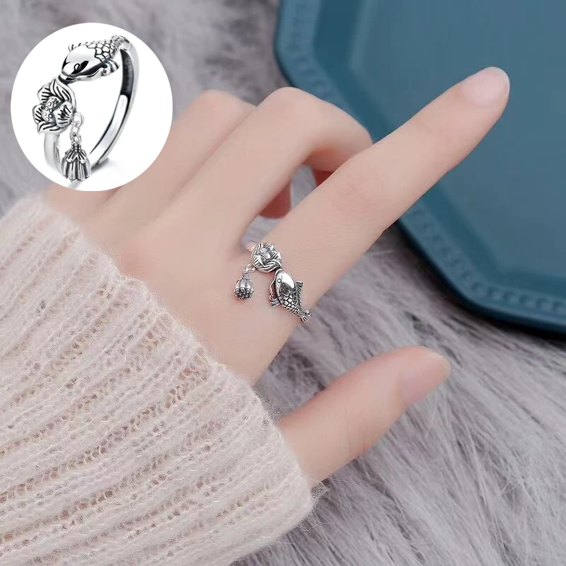 925银戒指 招财转运锦鲤戒指女戒个性复古食指小众设计潮开口百搭