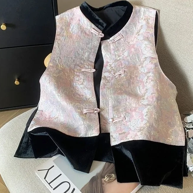 【新品】新中式复古提花马甲百搭气质盘扣中国风马夹拼接立领马甲