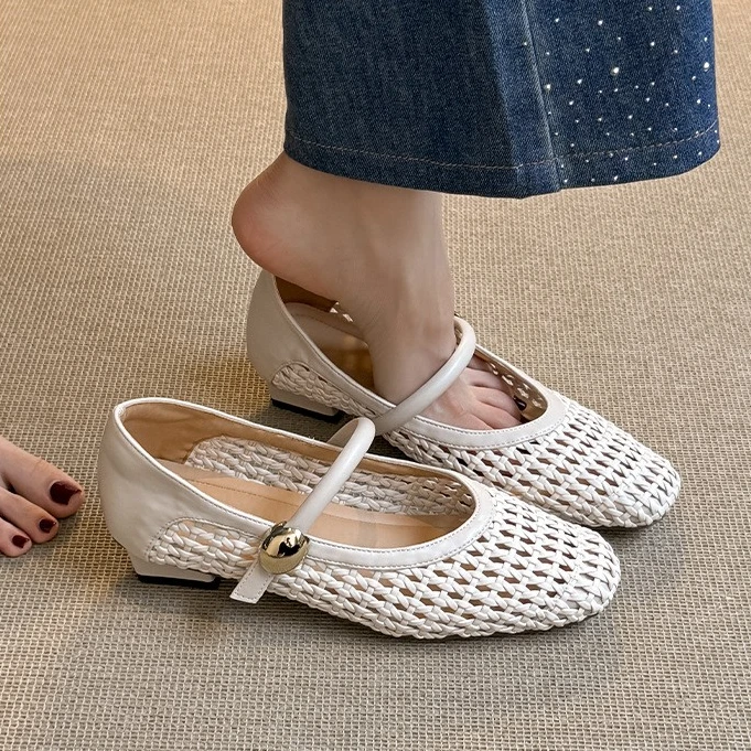 35-42/3cm简约百搭方头编织镂空透气 一字带玛丽珍凉鞋大码女单鞋