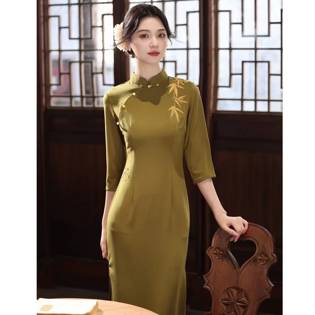 【竹影】衣长118新中式文艺复古夏季日常旗袍立领显瘦修身