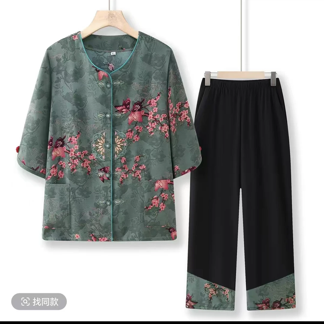 8004中老年人女装短袖T恤女气质套装妈妈装两件套时尚衣服李亚