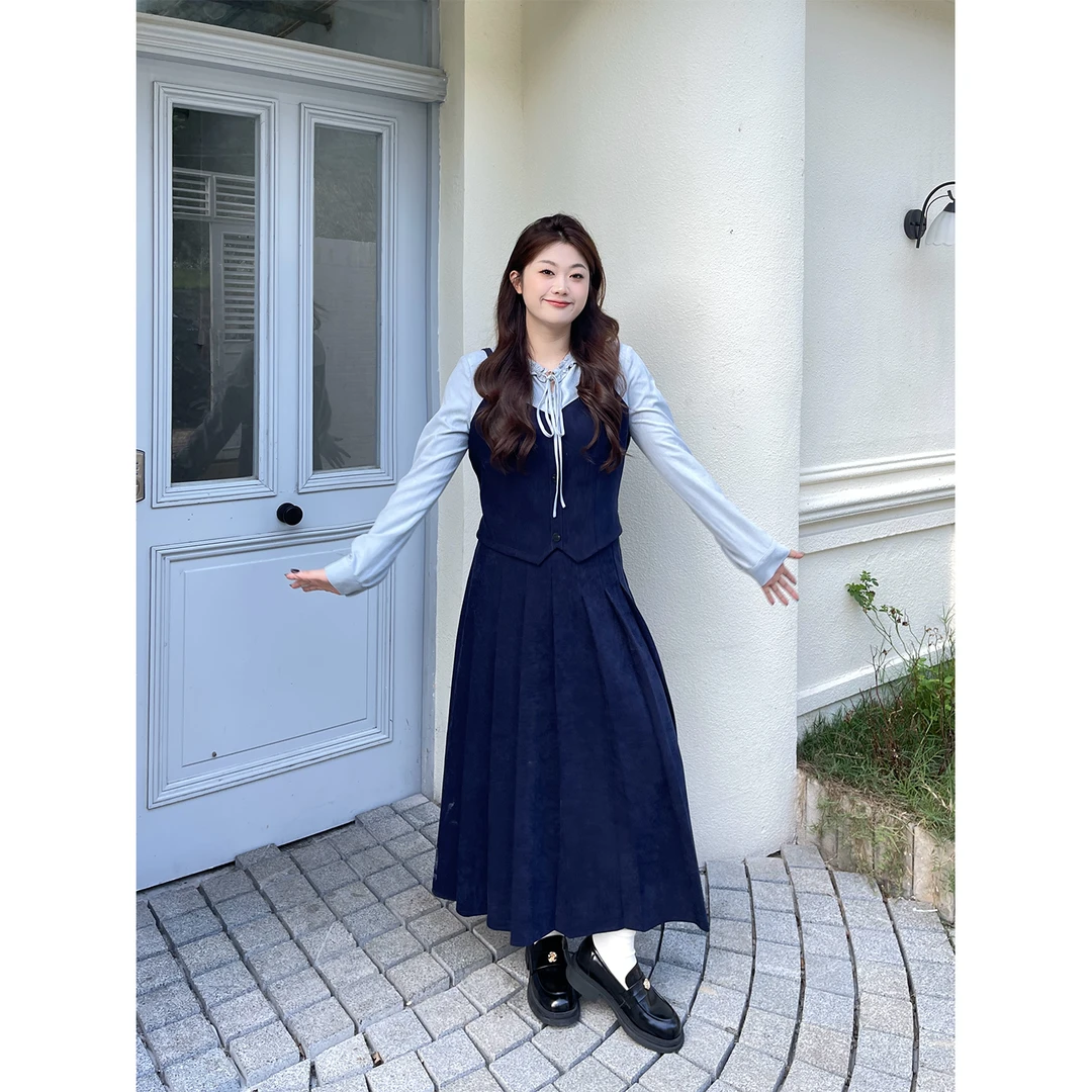 裂渡宣宣【海风呢喃】微胖大码女秋假两件上衣+长裙套装ZY508A69