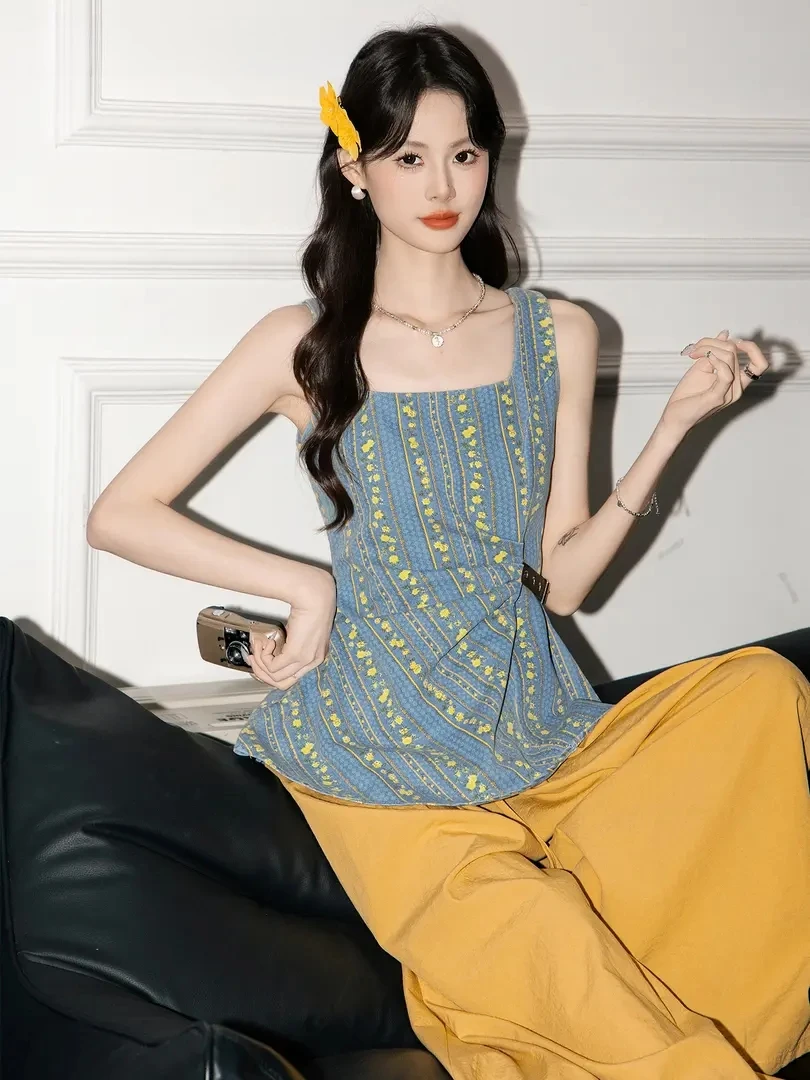 法式蓝色碎花掐腰显瘦吊带背心女夏季2025新款甜酷少女感复古上衣