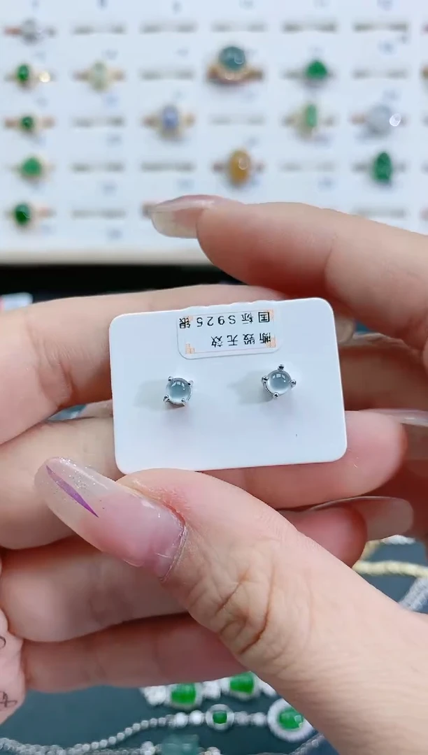 翡翠银S925镶嵌耳饰天然翡翠