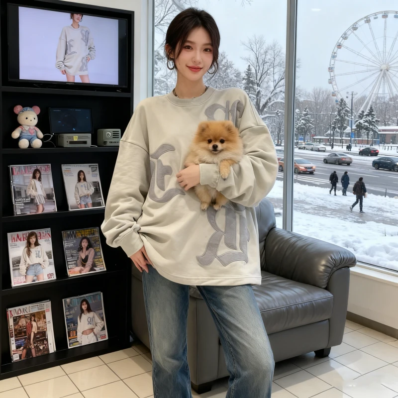 大码300斤小众潮牌字母刺绣圆领卫衣男女2025款加厚加绒情侣外套