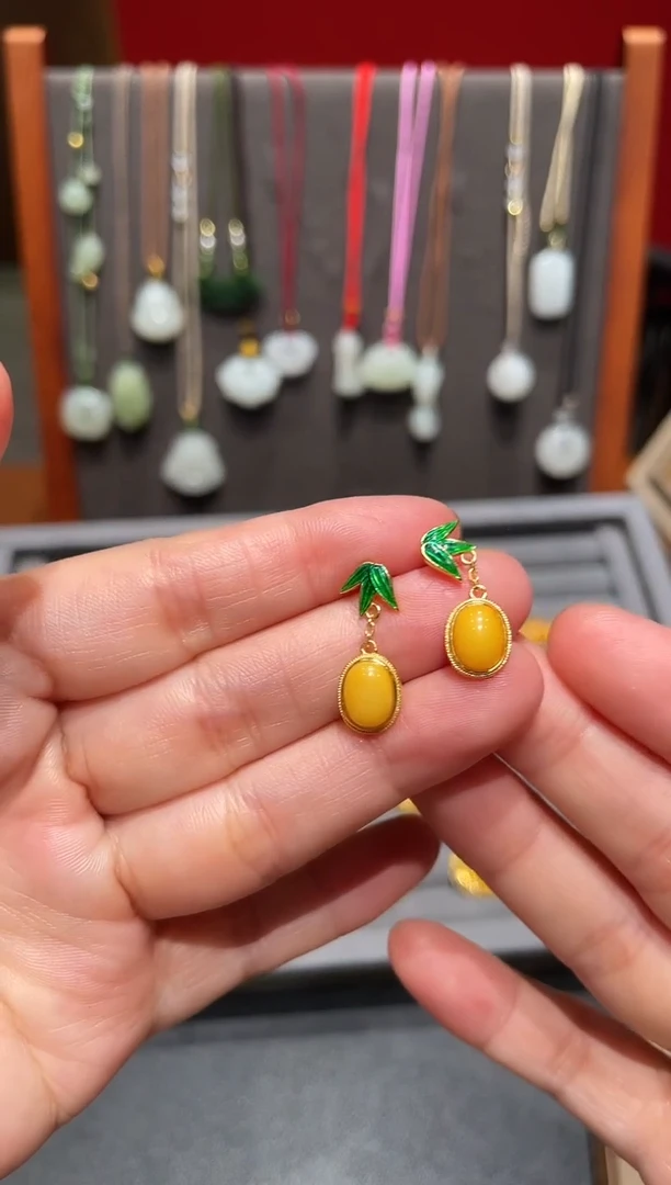 琥珀银S925镀金镶嵌耳饰竹节耳钉